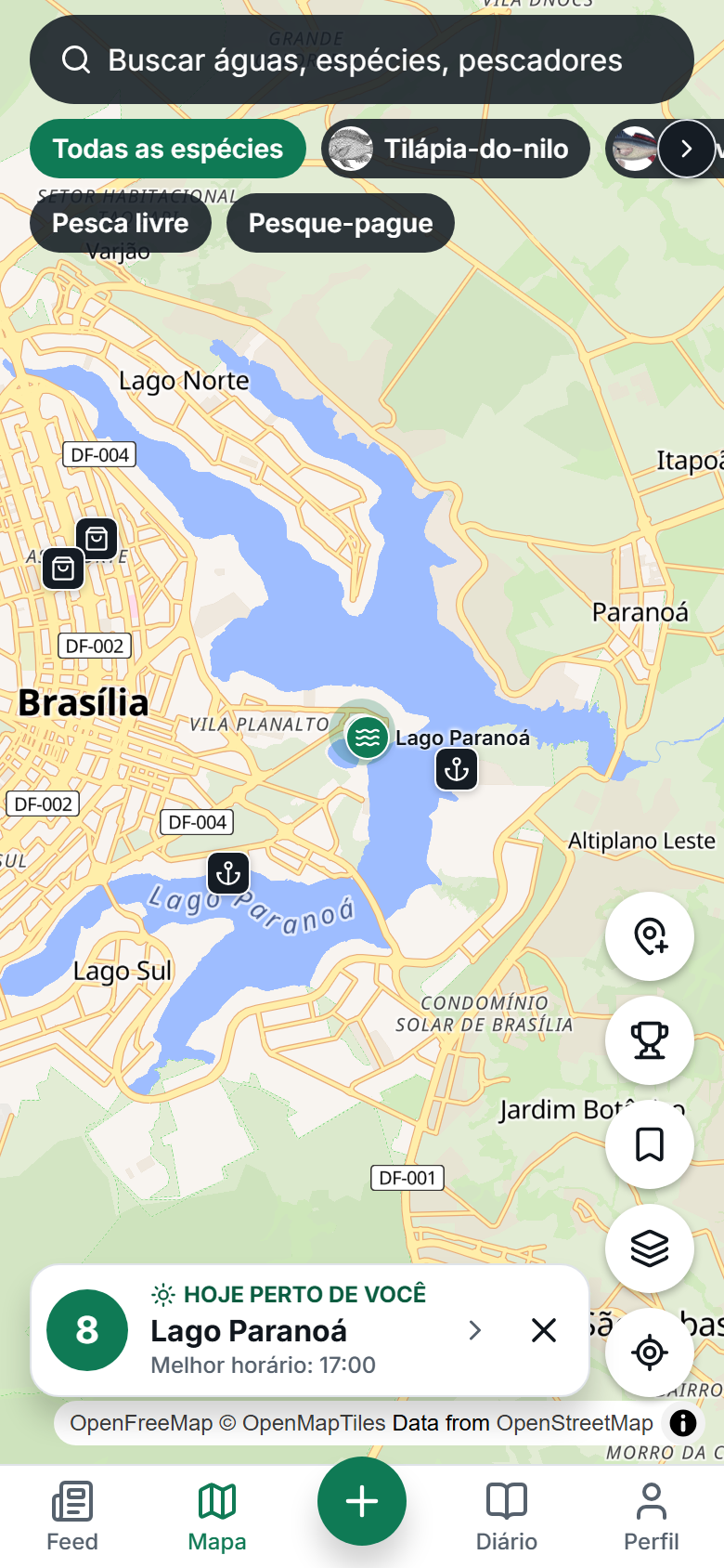 Tela do mapa: busca de águas, filtro por espécie e uma represa marcada perto de Brasília.