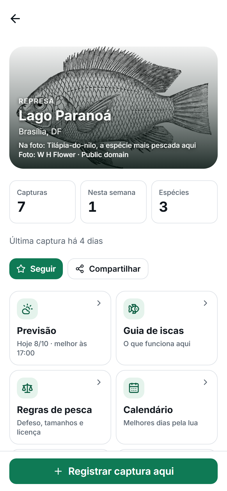 Página de uma água: foto da espécie mais pescada, capturas da semana e atalhos para previsão, iscas, regras e grupo.